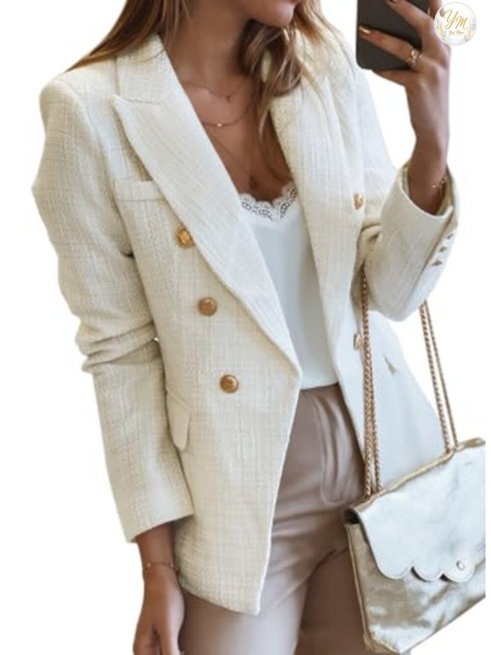 Women's Tweed Blazer Double Breasted Open Front Long Sleeve Work Casual Jacket